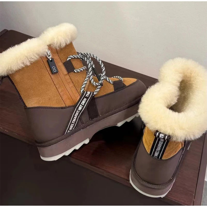 Plush Warm Snow Boots For Women Fashion Short Thick Non-slip Sports Shoes Lace-up Zipper Ankle Boots Thick Sole Shoelace Pendant