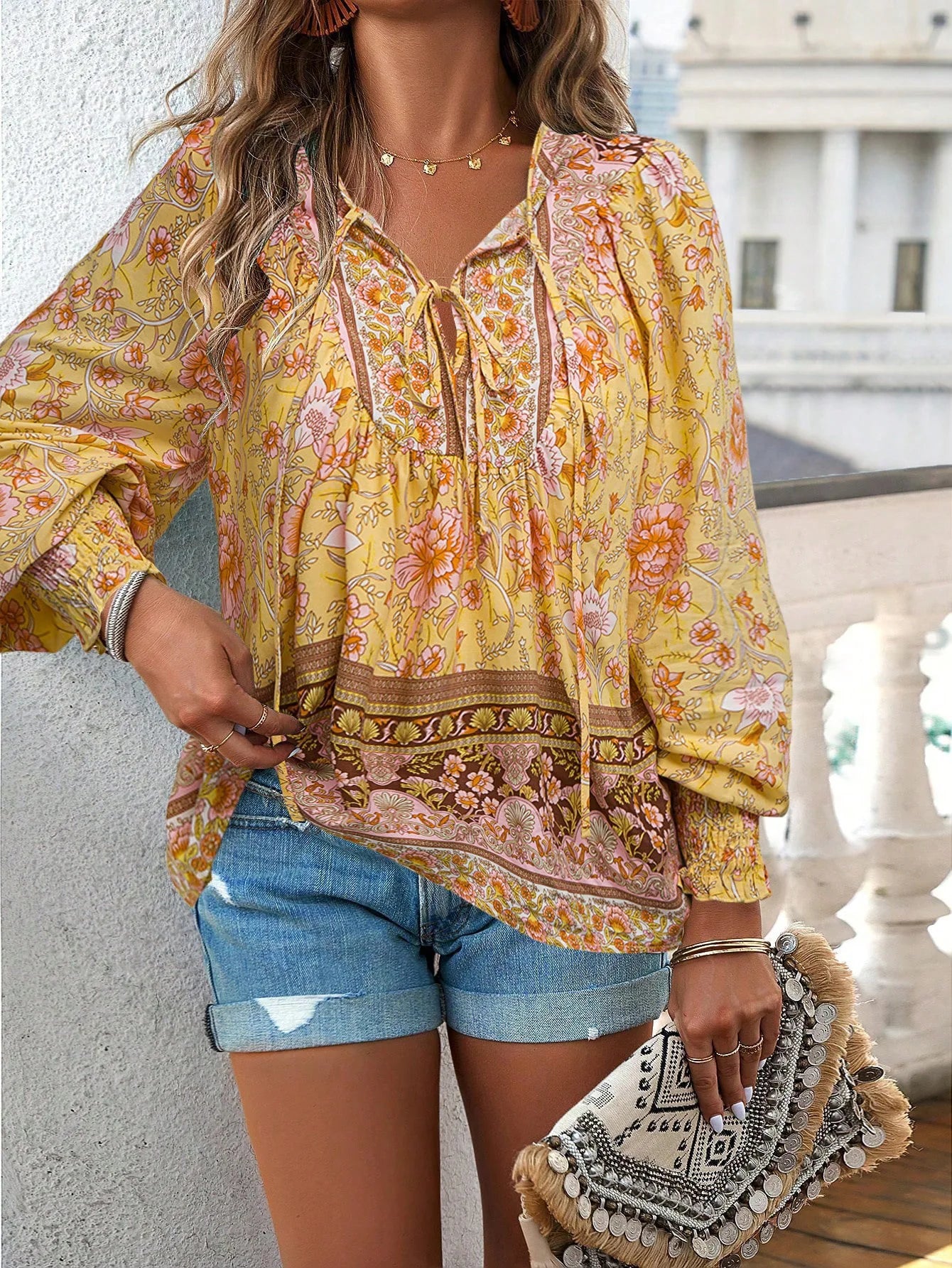 2025 Spring Summer Printed Shirt Women Elegant Chiffon V-neck Long-sleeve Top