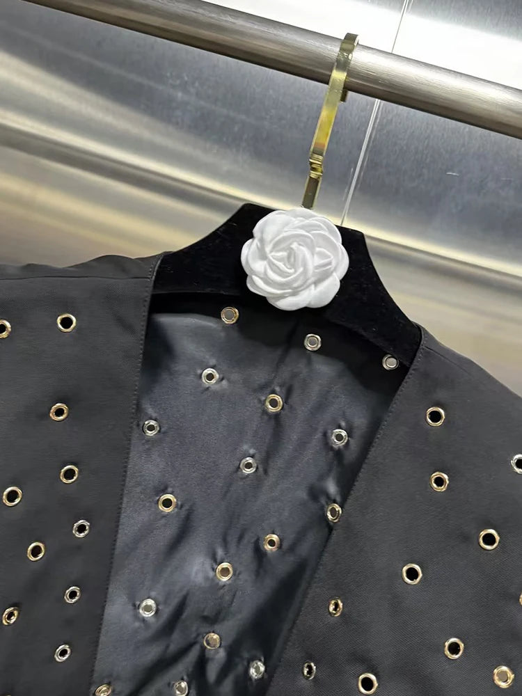 VGH Hollow Out Patchwork Rivets Waistcoats For Women V Neck Sleeveless Spliced Belt Slimming Short Waistcoat Female Fashion New