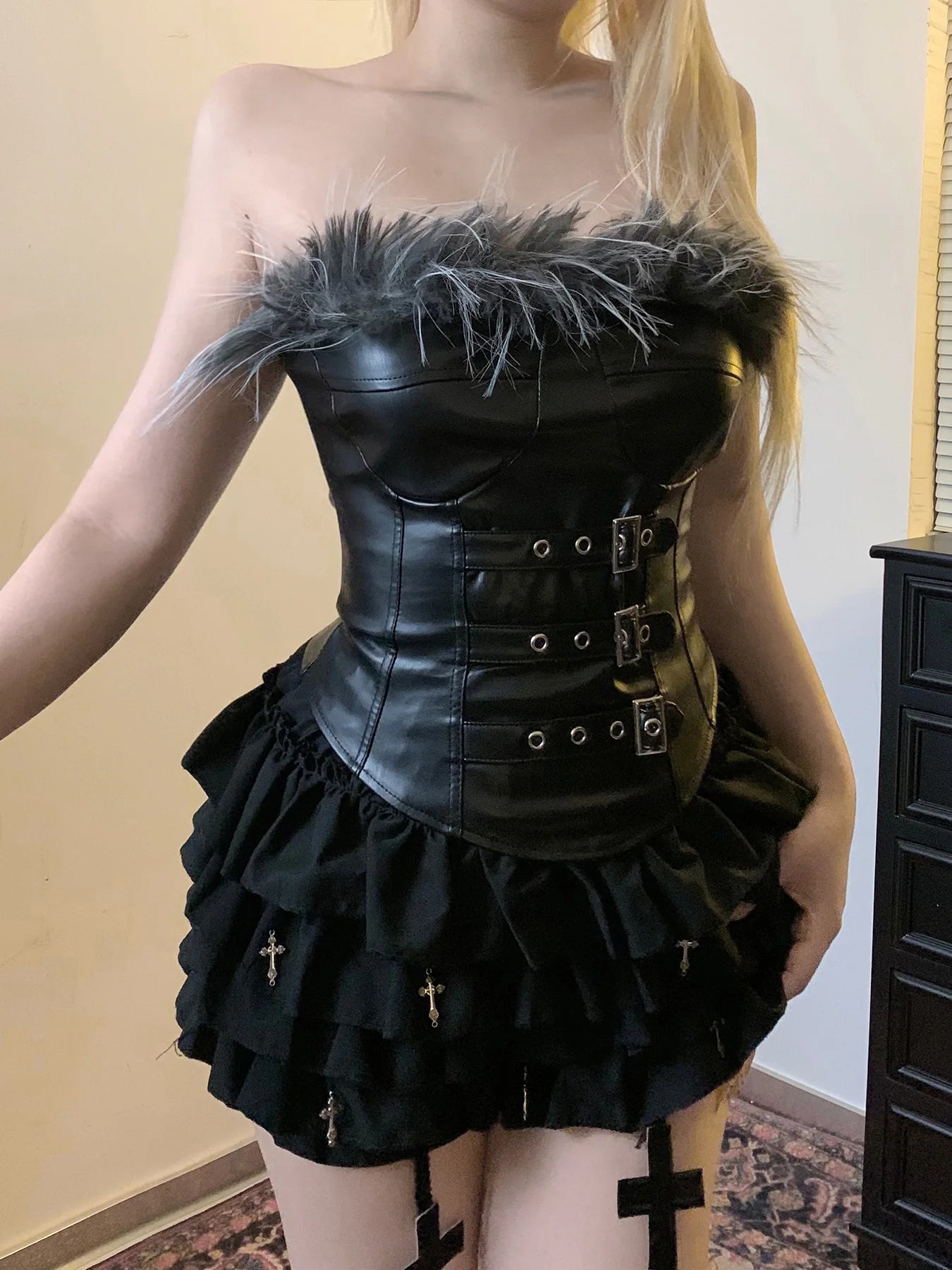 FAGADOER Punk Gothic Sexy Fur Leather Patchwork 2 Pieces Set for Woman Sleeveless Backless Tops and Bubble Puff Skirt Streetwear