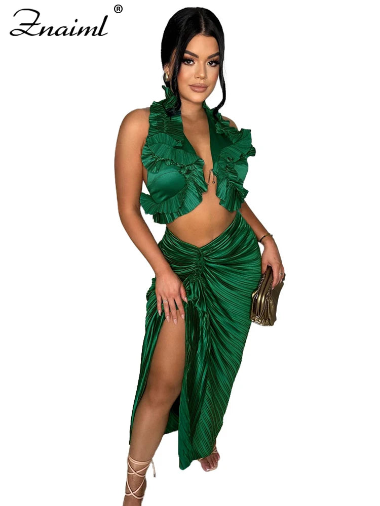 Znaiml Prom Gowns Formal Pleated Two 2 Pieces Women Crop Top and High Slit Skirt Set Ruffles Sexy Night Club Outfits Birthday