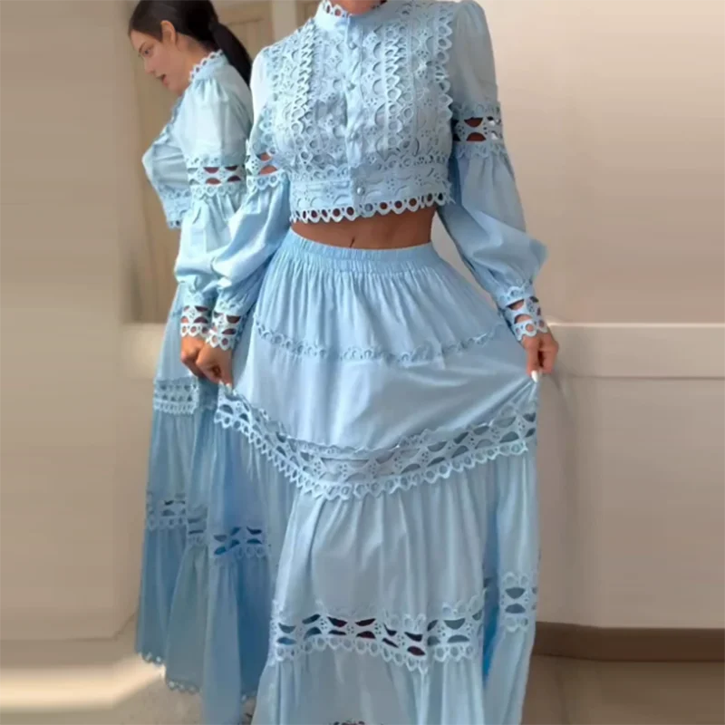 Lace Design Loose Party Suit Women Casual O-neck Long Sleeve Top & Long Skirt 2 Piece Set Sexy Hollow Out Pleated Holiday Outfit