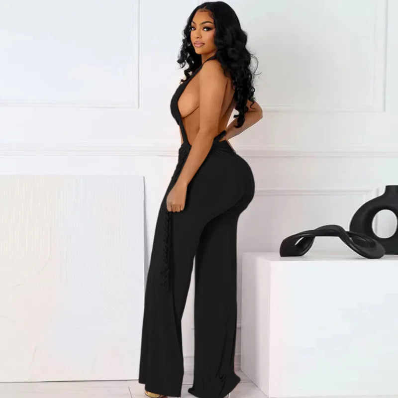 FAGADOER Sexy Ruched Patchwork Bodycon Jumpsuits For Woman Halter Sleeveless Wide-leg Romper Female Streetwear Overalls 2025 New