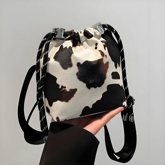 New Leopard Print Bag Fashion Cow Pattern Drawstring Bucket Bag Texture Brand Design Crossbody Bag Lady Versatile Storage Bag