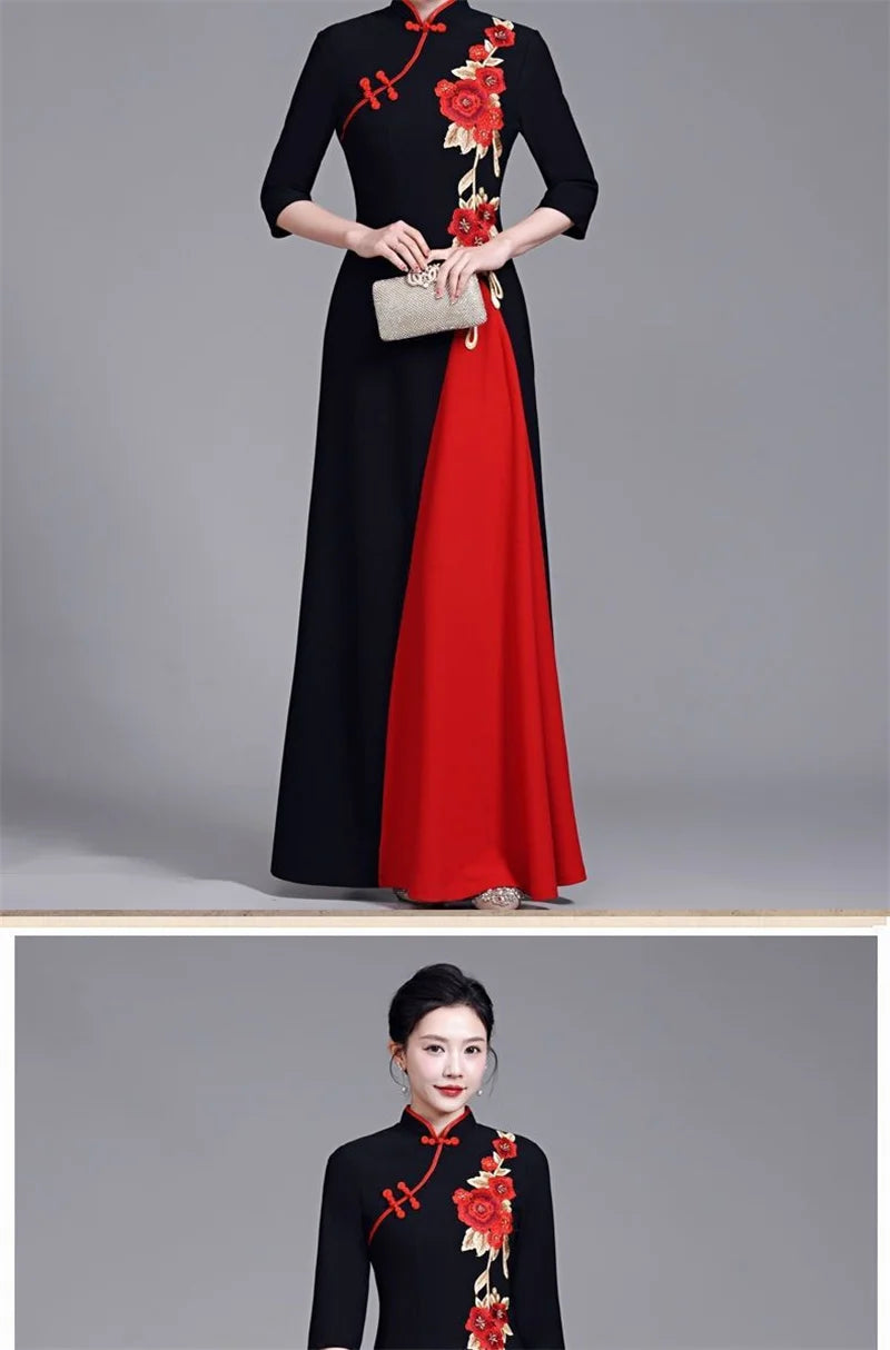 2025 Summer Women New Middle aged Elderly Dress Improved High end Non Ironing Show Elegant Slim And Long Embroide Red Dress 6XL