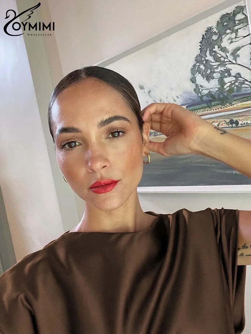 Oymimi Elegant Brown O-Neck Womens Dresses Fashion Short Sleeve Slim Solid Dresses Casual Slim Floor-Length Dress Streetwear