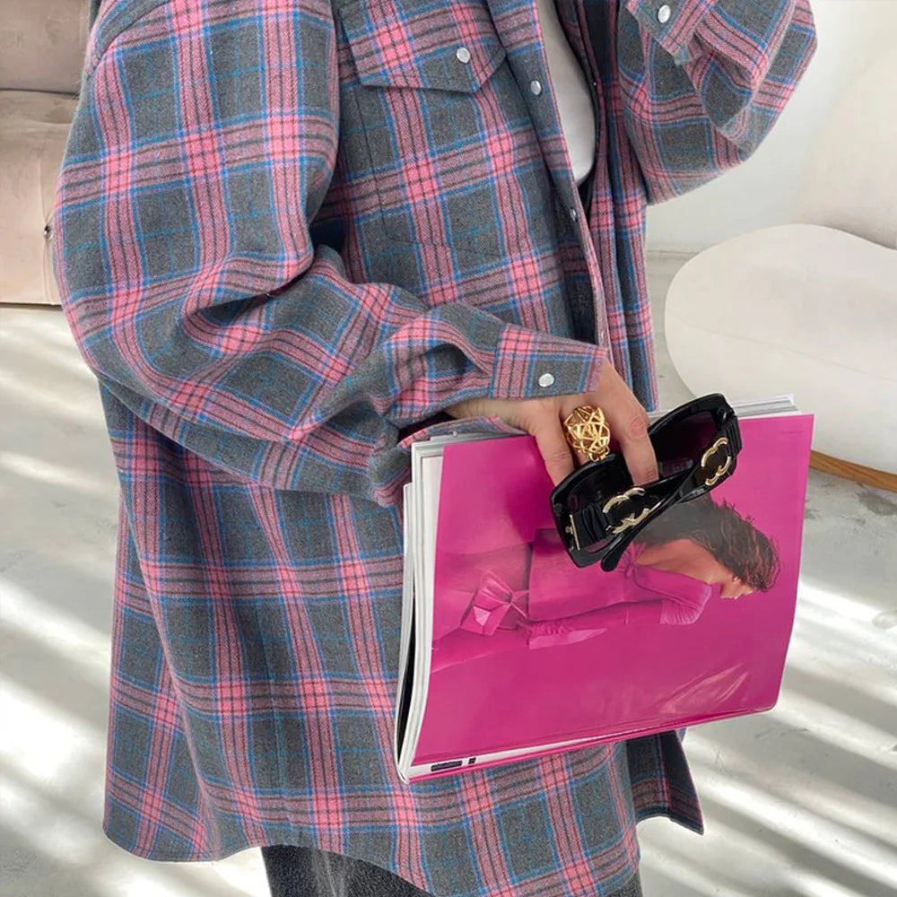 FSMG-Versatile Plaid Shirt For Women, Red Bright Grid, Oversized Blouse, Leisure And Fashionable Top, Spring And Autumn Seasons
