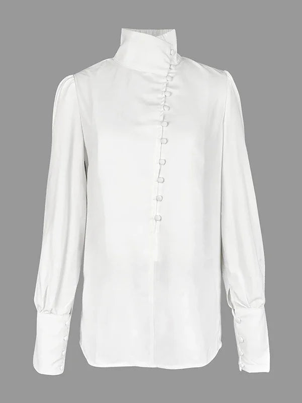 2025 New Chinese Style Shirt Top Solid Color Stand Collar Long Sleeve Loose Fit T-shirt Commuter Female Buttoned Blouse