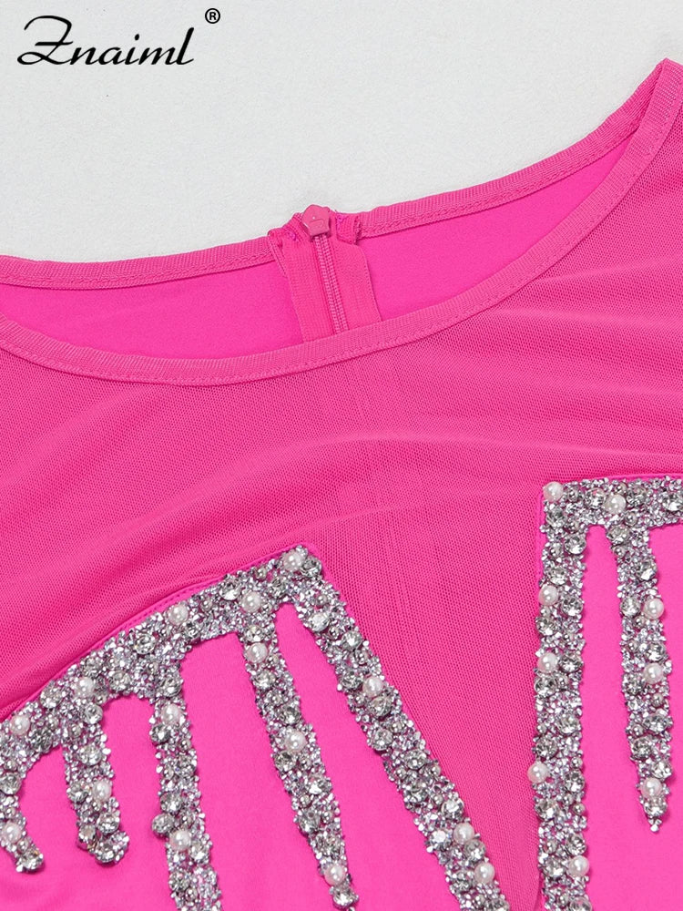 Znaiml Luxury Rhinestones Mesh Patchwork O-neck Pink Dress Women Sleeve Long High Split Birthday Party Evening Night Club Robe