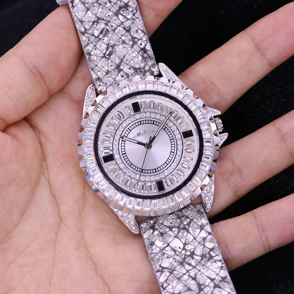 Luxury Unicorn Melissa Women's Watch Rhinestone Crystal Fashion Hour Real Leather Bracelet Clock Girl's Birthday Gift Box