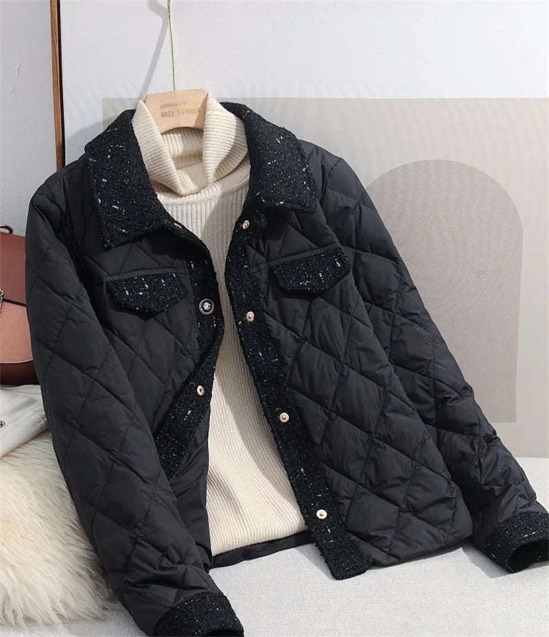 Lightweight Down Cotton Jacket Women's Short Jacket 2023 Winter New White French Style Fashion Women Jackets Patchwork Tweed Coa