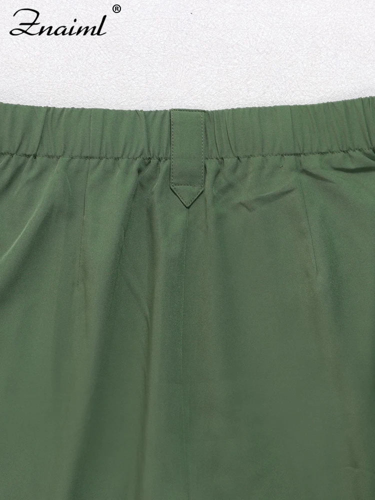Znaiml Green Tie Shoulder Ruched Wide Strap Slim Fit Crop Top and Wide Leg Pant 2 Pieces Women Summer Streetwear Matching Sets