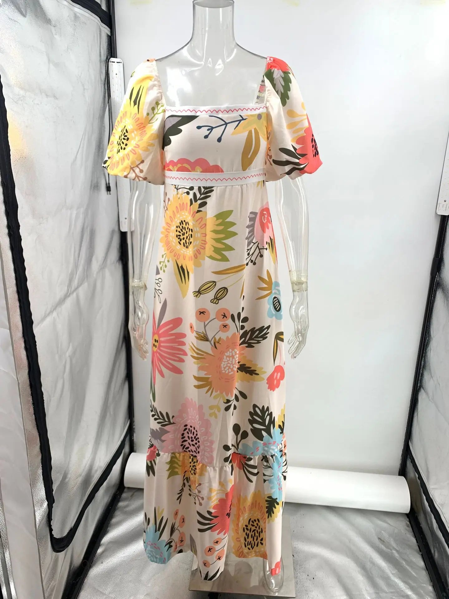Summer Dress Elegant Women Flower Printed Maxi Dress High Waisted Short Sleeve Square Collar 2025 Summer Fashion Holiday Dresses