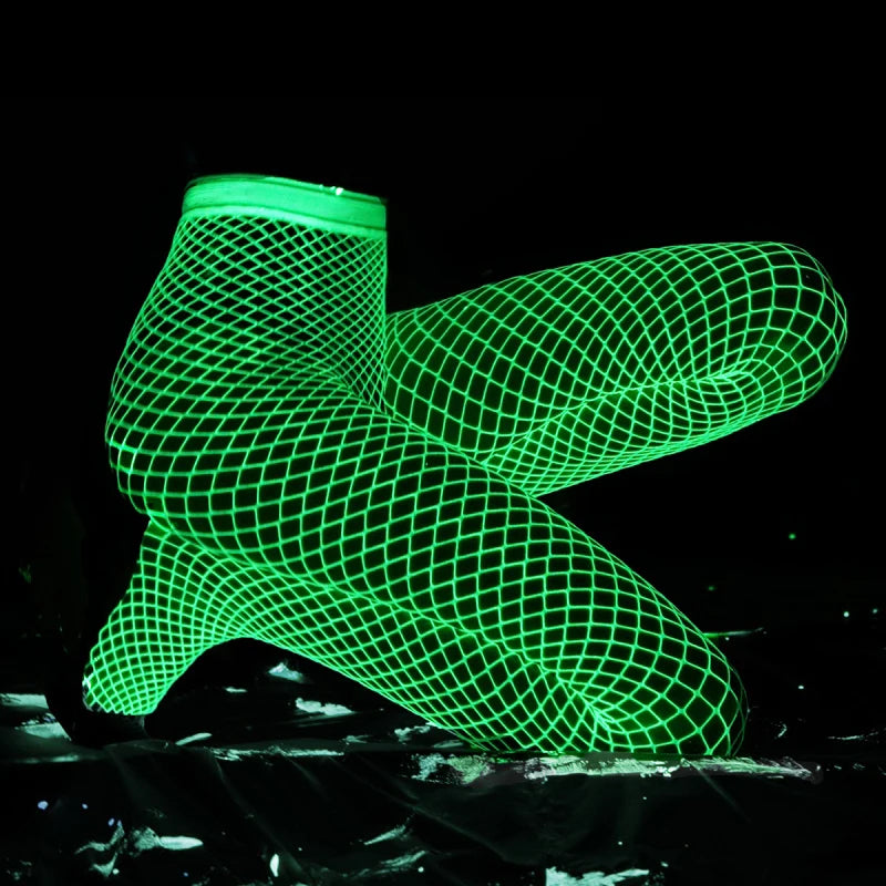 Woman Flash Luminous Fishnet Stockings Open Crotch Pantyhose Moving Mesh Leggings Tights Perspective Glow Dark Lingerie Gothic