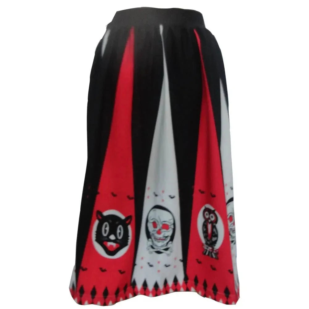 Women Vintage Halloween Skirt Retro Poker Face Skull Plus Size Skirt High Waist Pleated Ball Gown Long Skirts
