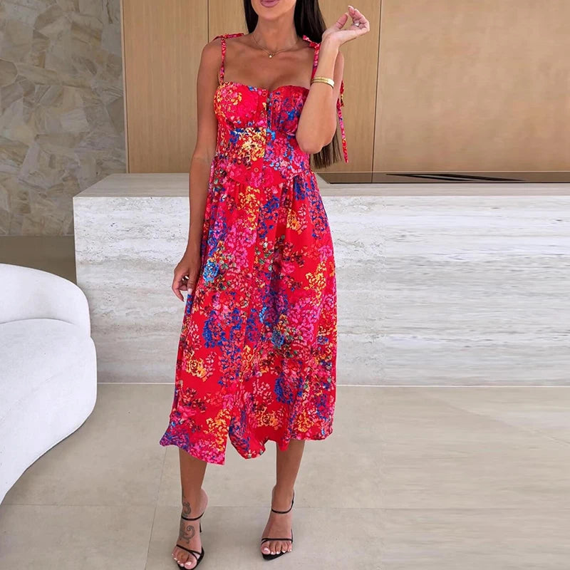Summer Beach Holiday Dress Women Sleeveless Midi Dresses For Women Elegant A-line Bohemian Dress Women Party Vestidos