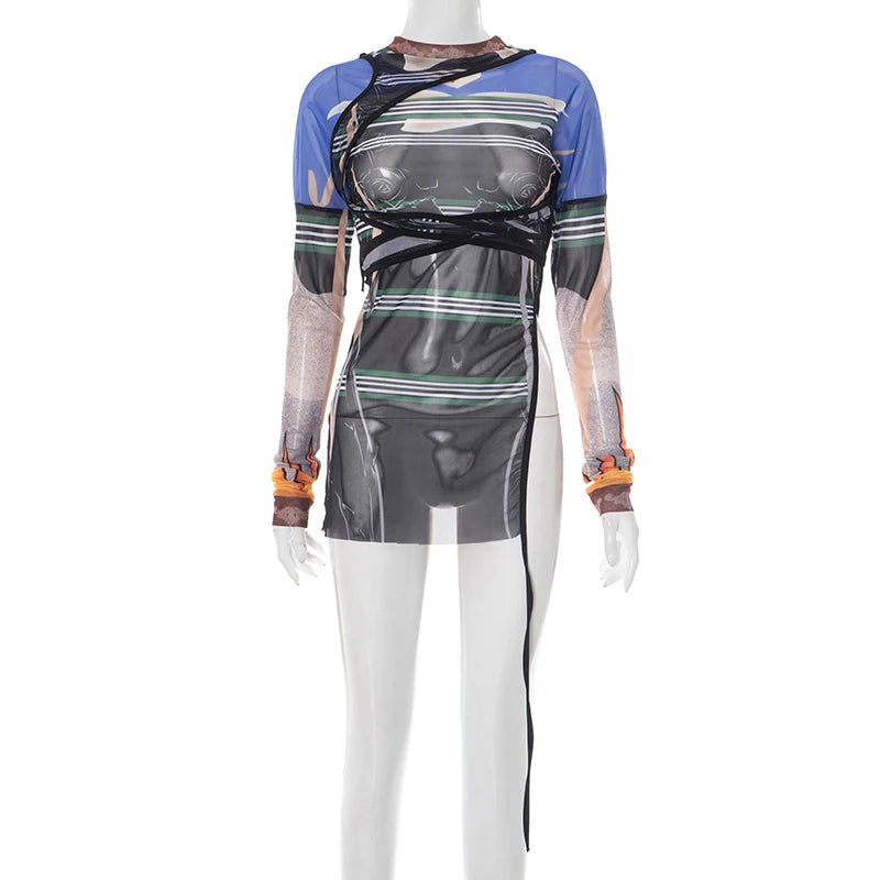 Weird Puss Sexy Irregular t-Shirts Women See Through Full Sleeve Split Ribbon Coquette Midnight Clubwear Wild Stretch Long Tees