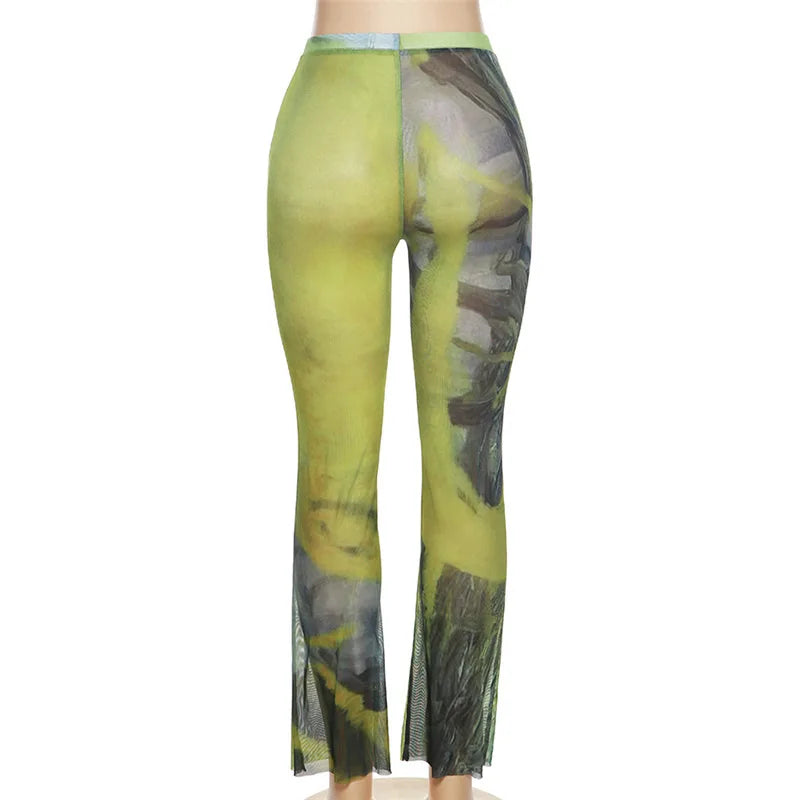 FAGADOER Y2k Sexy Tie Dye Printting Woman 2 Piece Set Outfit Halter Bandage Patchwork Crop Top and Flare Pants Female Streetwear