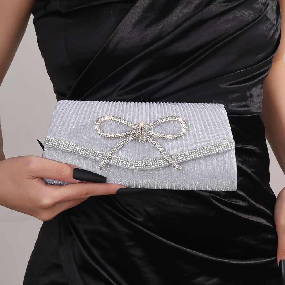 Women Evening Bag Bow Shoulder Bag Glitter Rhinestone Hobo Bag Adjustable Strap Wedding Party Purse
