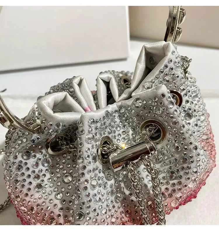 Crystal Shiny Diamonds Bucket Bag Fashion Women Handbag Metal Ring Handle Evening Bag Wedding Party Clutch Purse Crossbody Bag