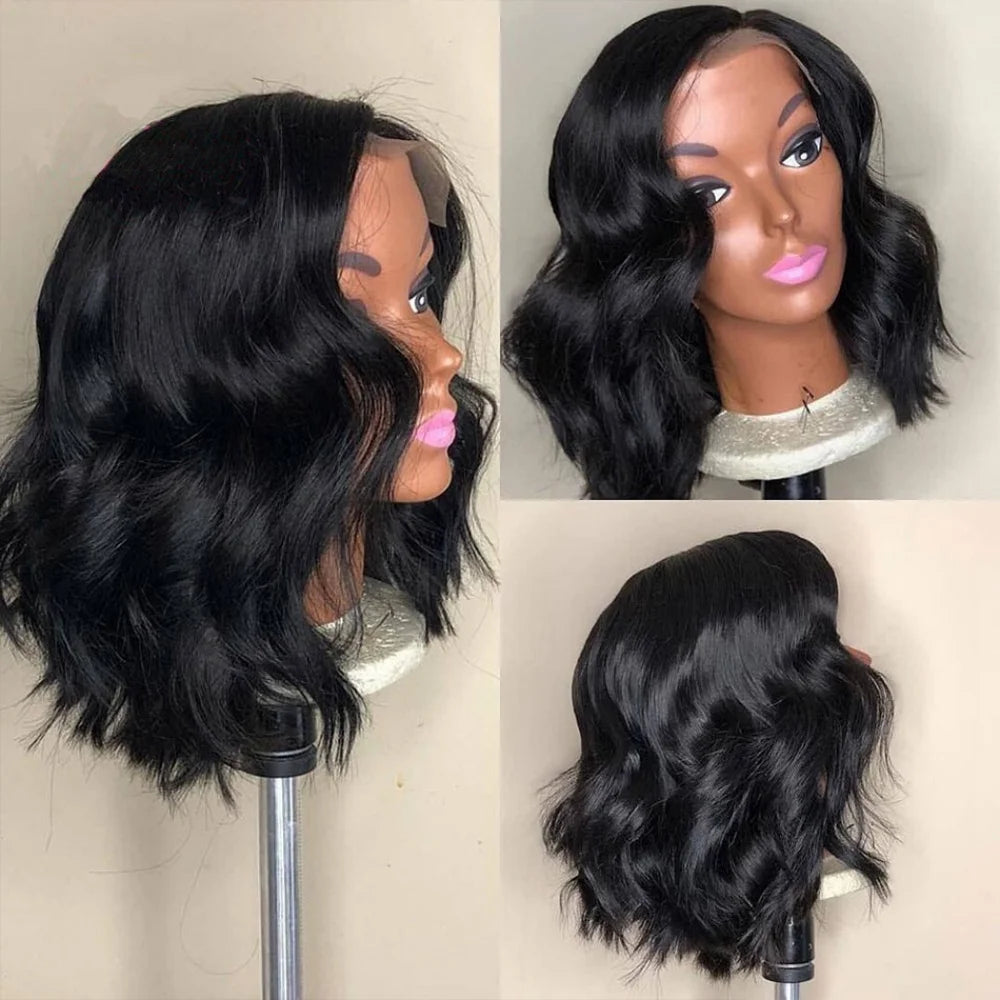 100% Human Hair Body Wave Bob Black Wig Loose Wave 13x4 Lace Front Short Wigs 4x4 Closure Bob Wig with Baby Hair For Women 14 IN