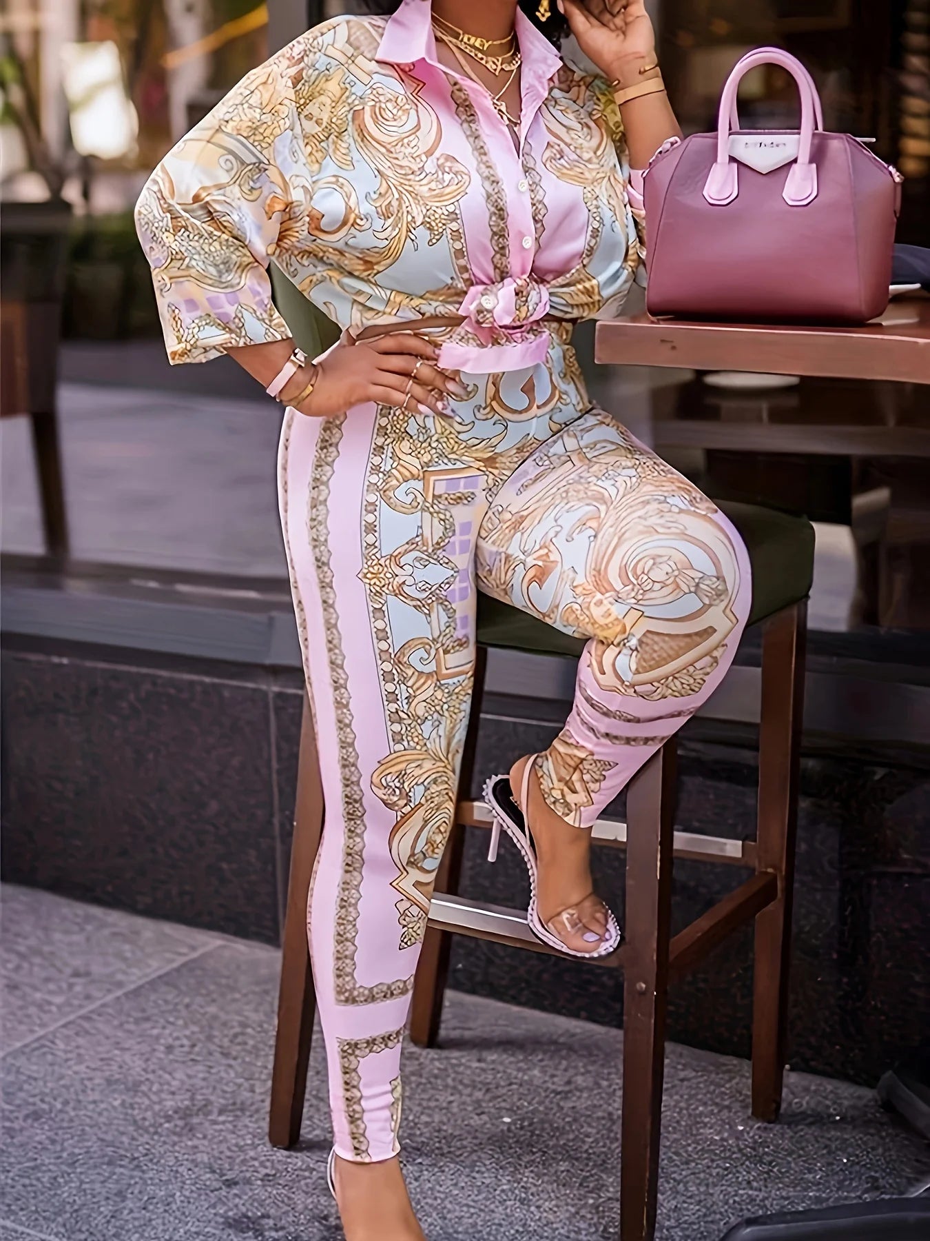 Pink British Print Two-piece Pencil Long Sleeved Two-piece Set