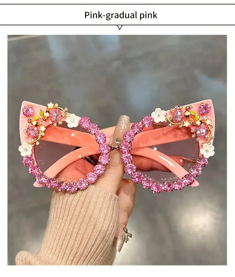 Luxury Rhinestone Flower Sunglasses Cat Eye Gradient Decorative Shades Props For Costume Party Prom