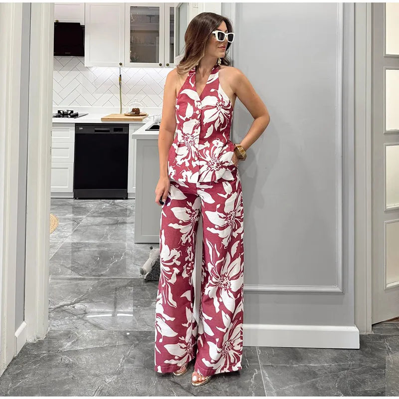 Halter Print Top Pants Set Women Backless Crop Tops Wide Leg Baggy Pants Two Pieces Set Chic Vacation Casual Women Outfit