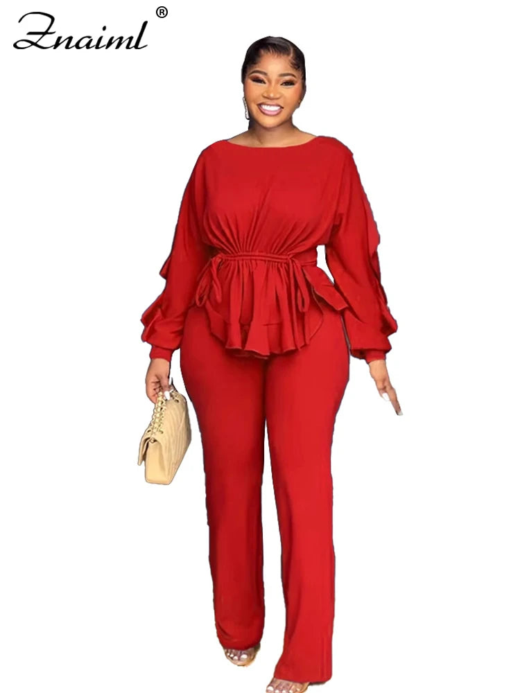 Znaaiml Elegant Blue 2 Piece Pants Sets Women Lantern Sleeve Drawstring Ruched Ruffles Top and Trousers Casual Street OL Outfits