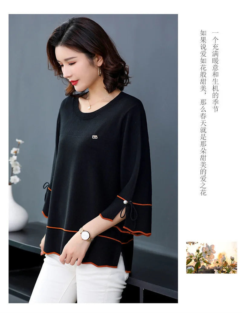 6XL Mom Large Summer New Ice Silk Shirt 3/4 Sleeves Round necked T-shirt Knit Sweater Loose Top For Wearing Outwear Top Black