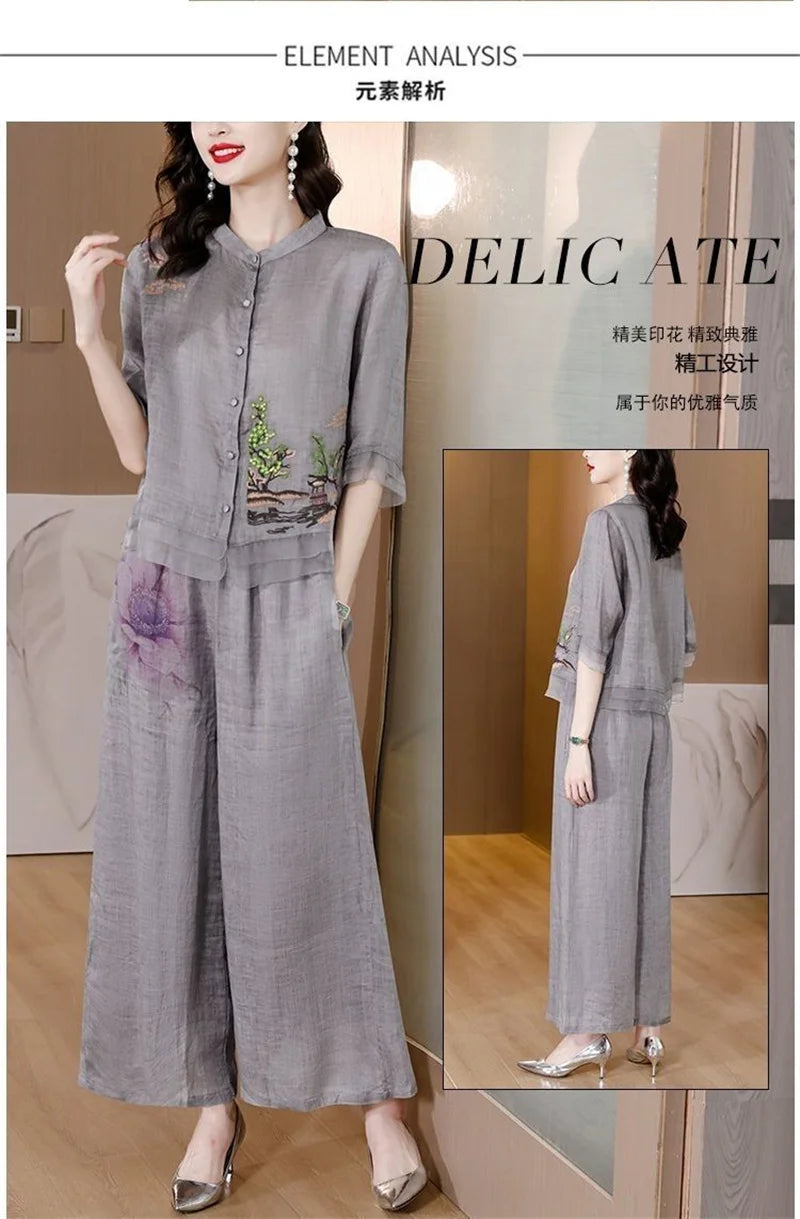 Grey Summer Art Embroidery Chinese Style Set Linen Western Style Summer Wide Leg Pants Casual Fashion Two piece Cotton Set XXXL
