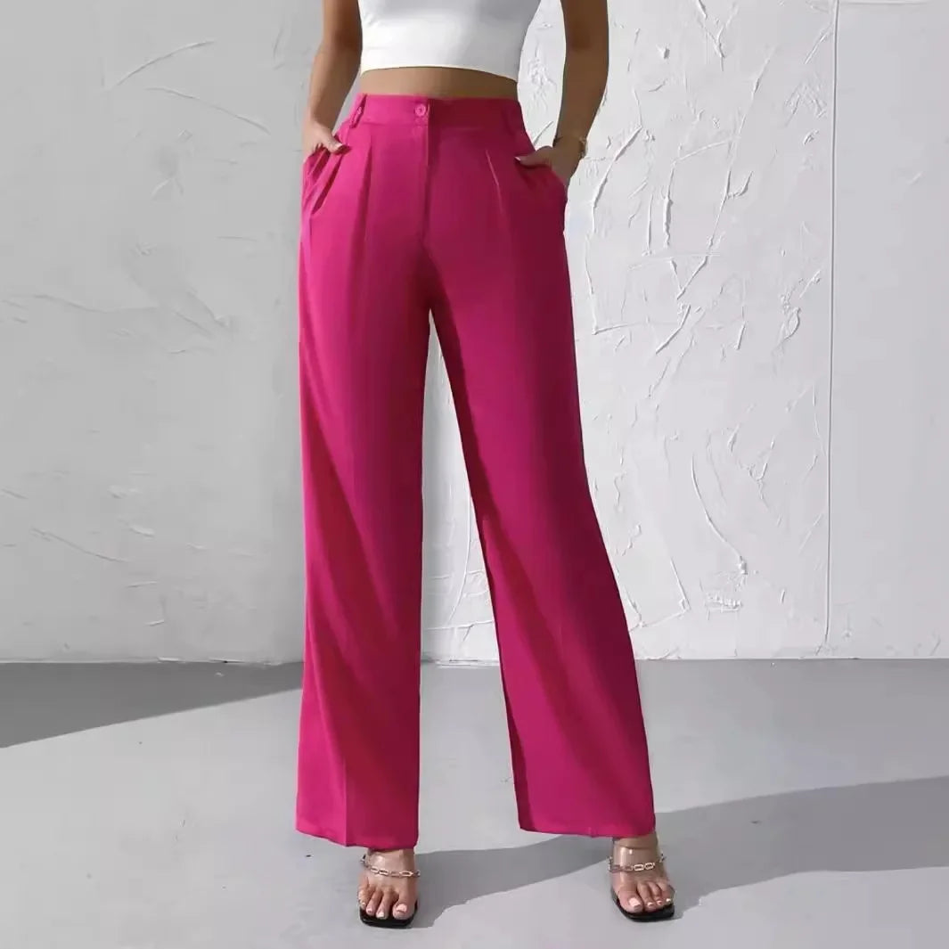 Elegant Pure Color Draped Wide Leg Suit Pants for Women High Waist Long Trousers Fashionable Business Casual Loose Fit