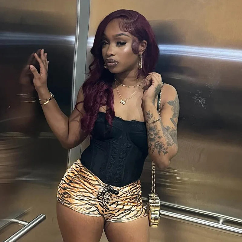 Joskaa Tiger Stripe Print Shorts Women Hipster Sexy Low Rise Bandage Hot Pants 2025 Summer Holiday Party Club Bottoms Streetwear
