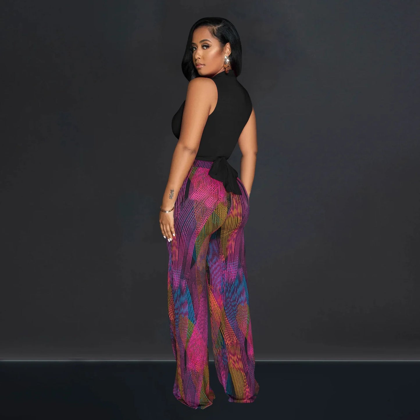 CM.YAYA Women's Set Wrap V-neck Tie Up Tank Top and Galaxy Striped Wide Leg Pants 2023 Street Two 2 Piece Sets Outfits Tracksuit