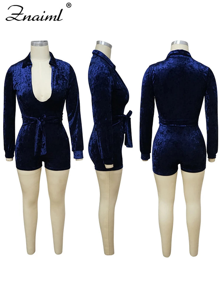 Znaiml Elegant Velvet Shorts Jumpsuit Women Clothing Solid Color Long Sleeve V-Neck Playsuits Sexy Nightclub Bodycon Romper New