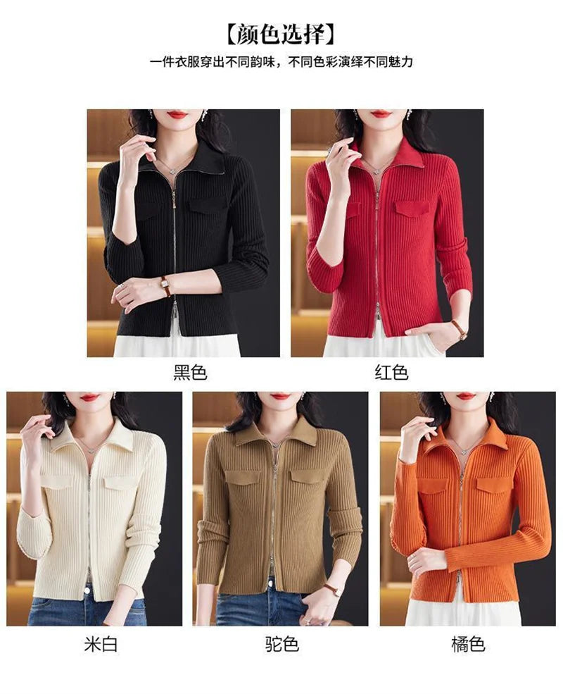 Fashion Zipper Short Knitted Cardigan Sweater 2025 Spring Autumn New Korean Versatile Coat Top Turn-Down Col Sweater Solid Color