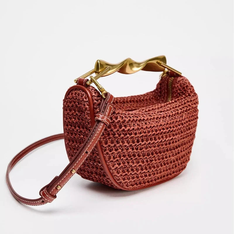 Women's Woven Bag Fashion Luxurious Simple Metal Evening Clutch Casual Versatile Vintage High-end Design  Women's Shoulder Bag