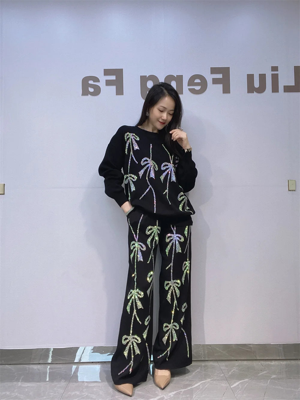 2025 Autumn New Fashion Rhinestone Knitted Two-Piece Set Loose Women's Top Casual Wide-Leg Pants Ladies Long Pants Suit