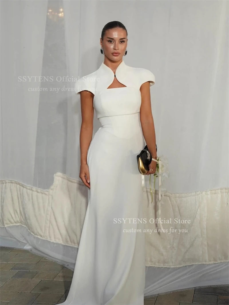 Mermaid Silhouette White High Neck Floor Length Evening Dress for Women