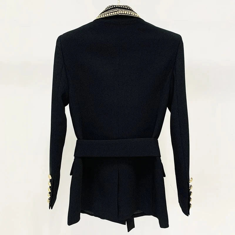 HIGH STREET Newest 2024 Stylish Designer Jacket Women's Metal Sheets Beading Belted Shawl Collar Blazer