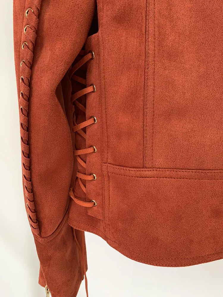 HIGH STREET Newest 2024 F/W Designer Jacket Women's Rope Lacing Up Logo Beaded Synthetic Suede Leather Motorcycle Biker Jacket
