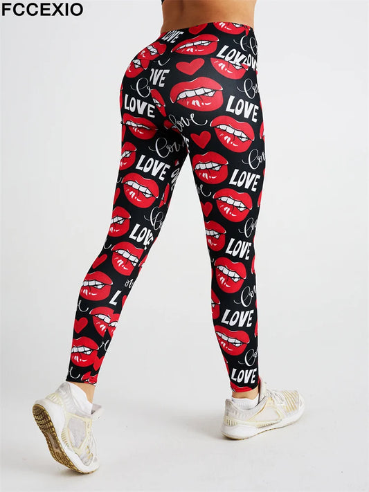 FCCEXIO Hot New Women Leggings Red Lip Love Digital Print Patchwork Fitness Legging Push Up Workout Leggins Pants Sexy Pants