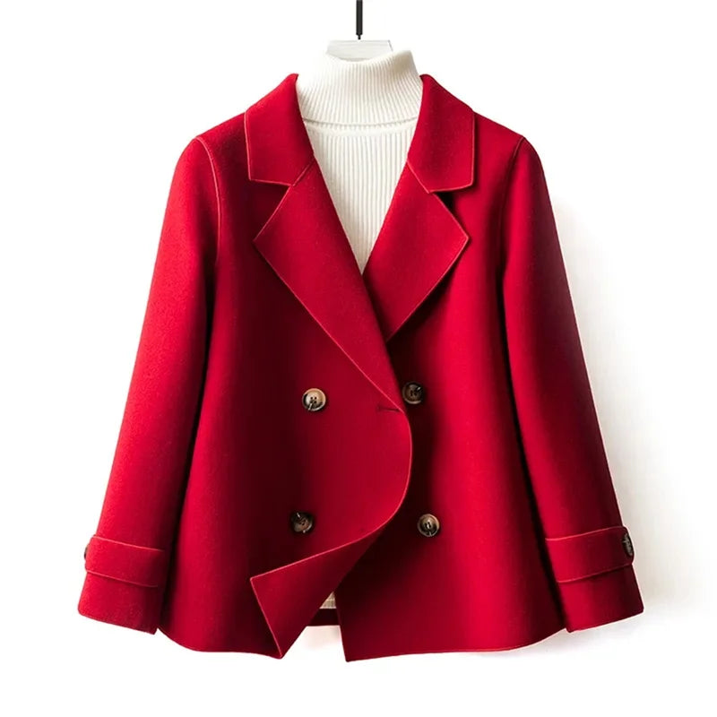 High-Quality Double-Sided Woolen Coat For Women 2024 New Short With Temperament Doll Neck Mother's Outfit Woolen Coat Female Red