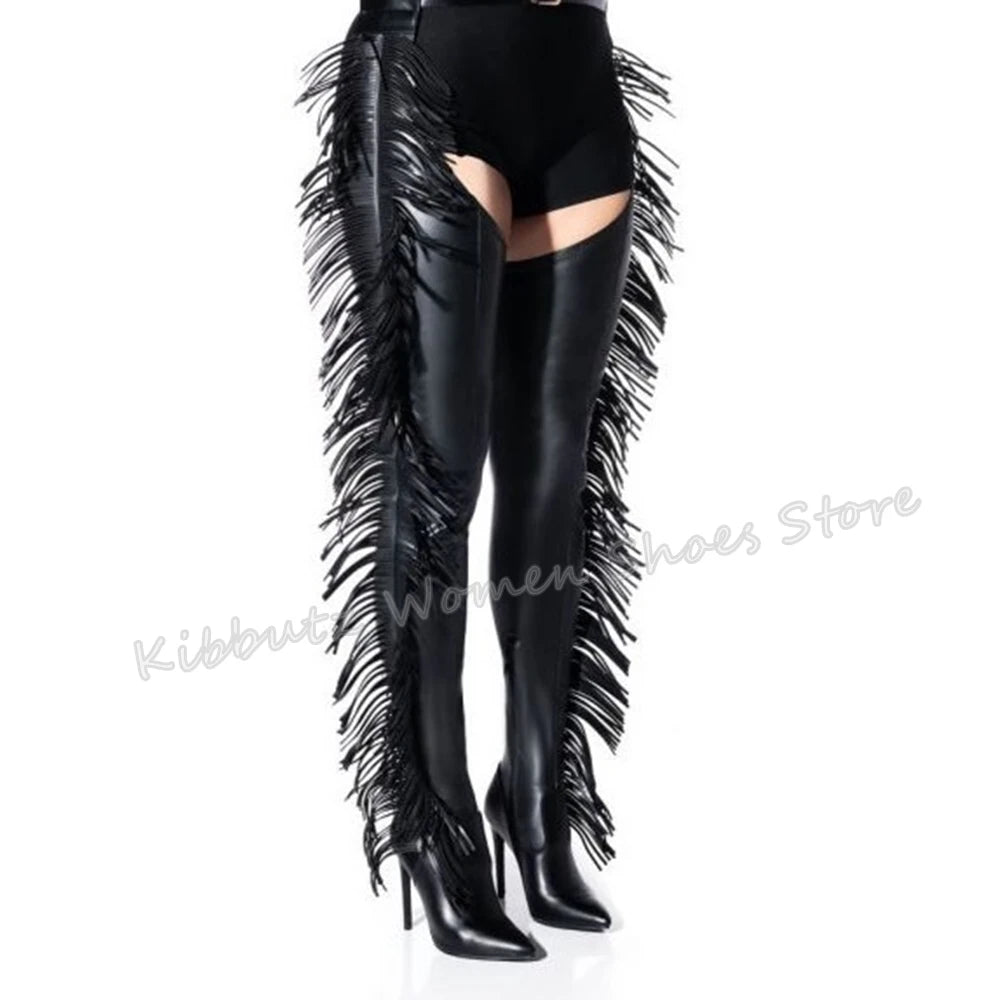 Fringe Belted Thigh High Boot Over The Knee Pointed Toe Thin Heel Side Zipper Solid Color Suede Fashion Novelty Concise Sexy New