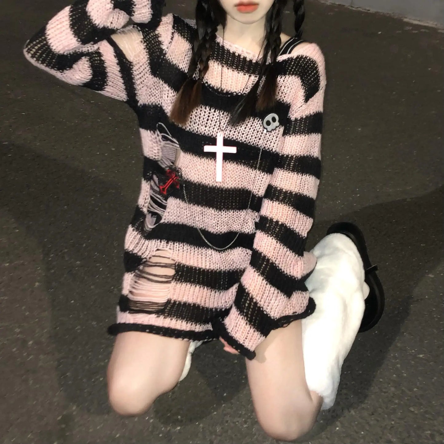 Karrram Pink Striped Gothic Sweaters Women Ripped Holes Loose Knitted Pullover Frayed Fairy Grunge Jumpers Emo Streetwear Lolita