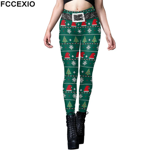 FCCEXIO Christmas Tree Print Leggings Women Party Sexy Tights Mid Waist Snowflakes Red Plaid Trousers Girls Casual Pants Bottom