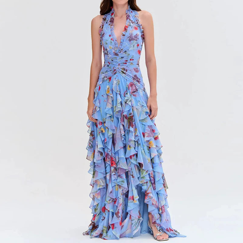 Lady Sexy Halter Floral Print Long Dress 2025 Summer Ruffles Hollow Out Slim Party Dress Fashion Sleeveless High Waist Dresses