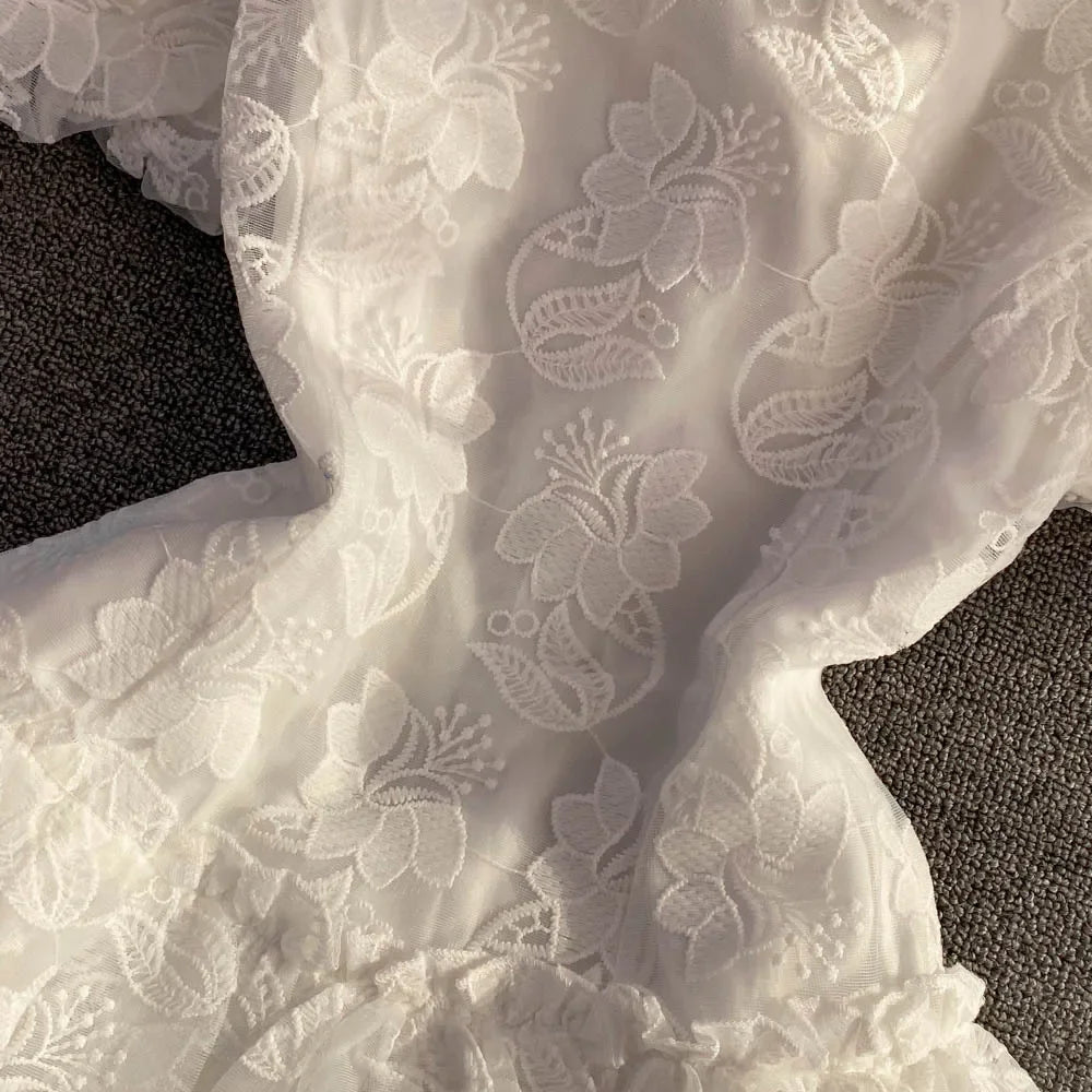 Vintage Elegant Lapel Single-Breasted White Embroidery Puff Sleeve A- Line Cake Dress Cross-Border Summer 2022