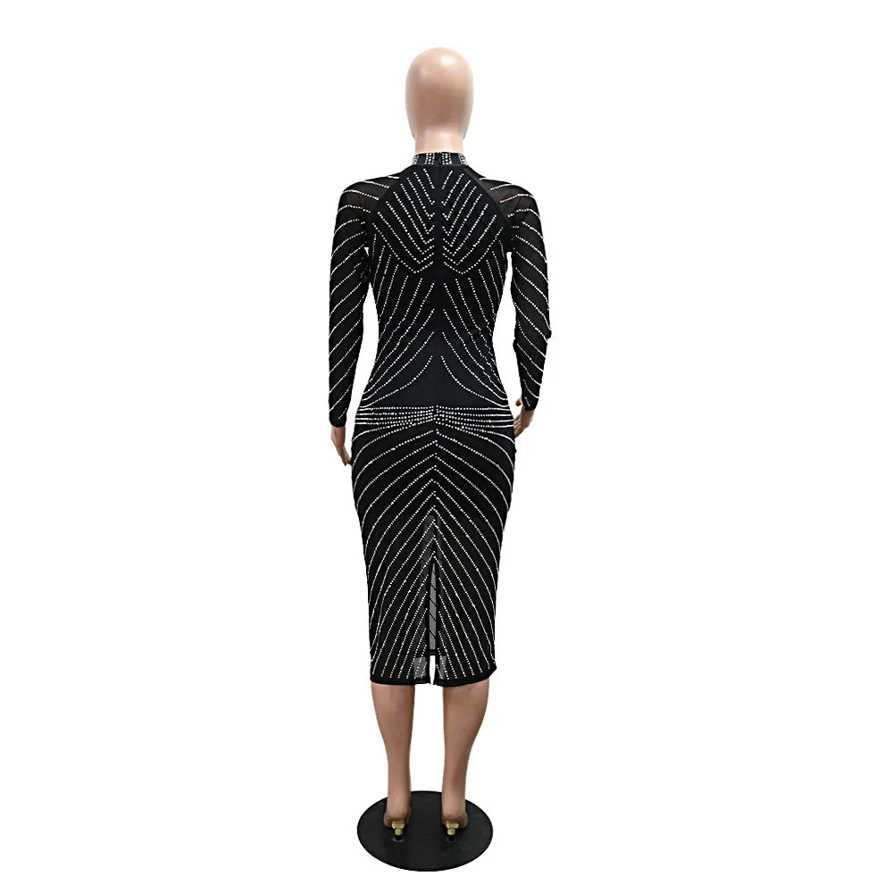 CM.YAYA Women Diamonds Hot Rhinestones Long Sleeve Bodycon Midi Dress 2024 Fall O-neck Evening Club Sexy Party Dresses Vestidos