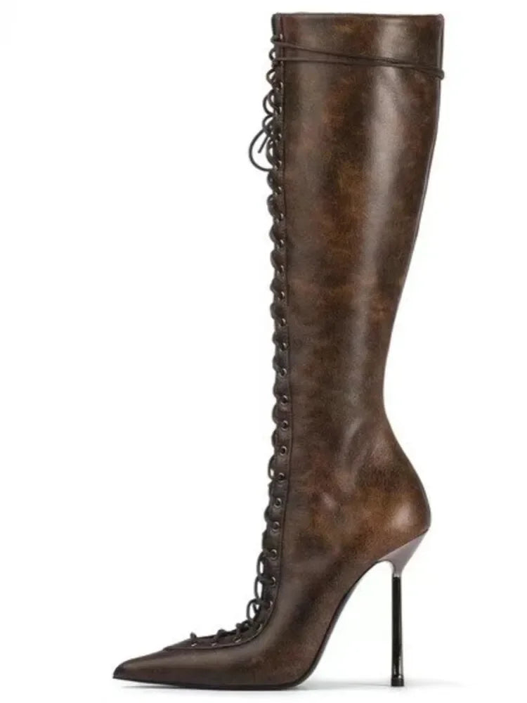 Lace Up Knee High Heeled Boots With Side Zipper for Women